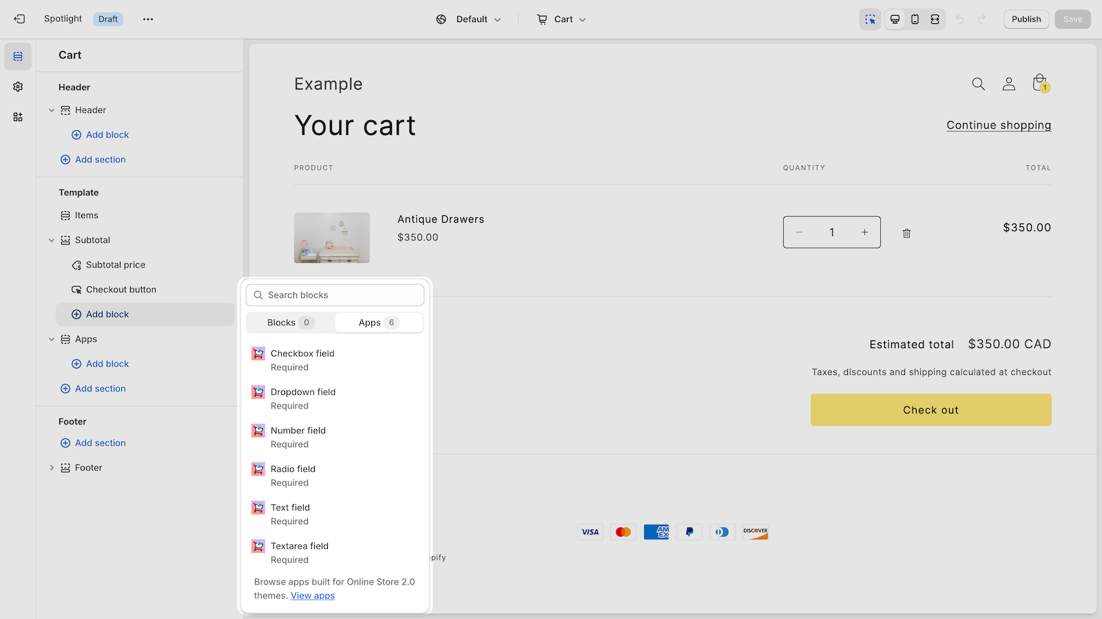 Required: Cart page fields Screenshot