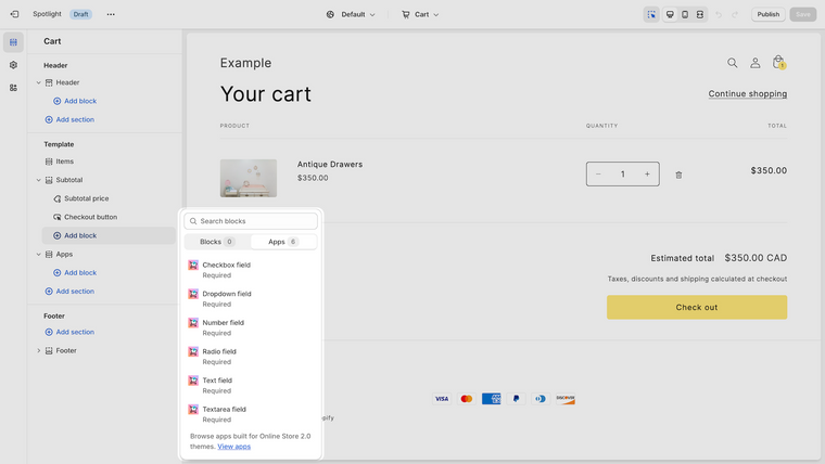 Required: Cart page fields Screenshot