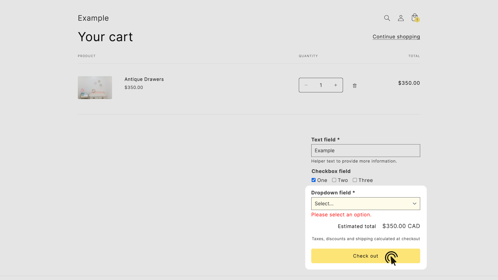 Required: Cart page fields Screenshot