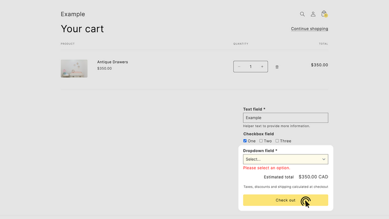 Required: Cart page fields Screenshot