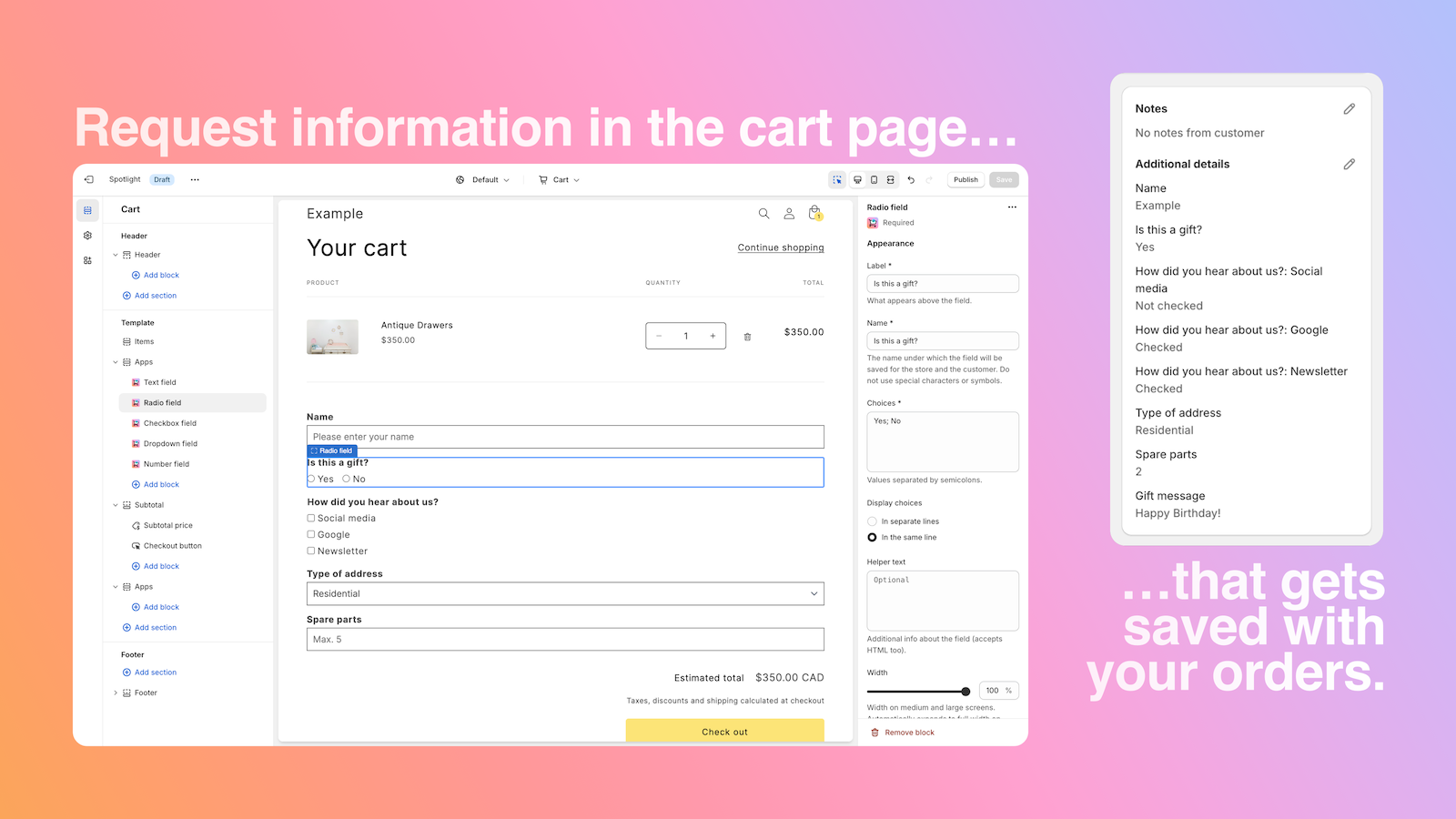 Required: Cart page fields Screenshot