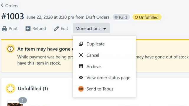 Create Tapuz shipment from Shopify order