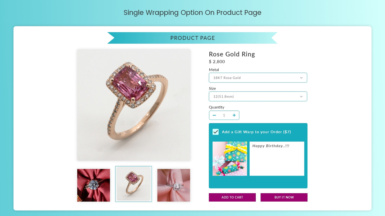 Opción de envoltura de regalo única en la página del producto - Aplicación Shopify