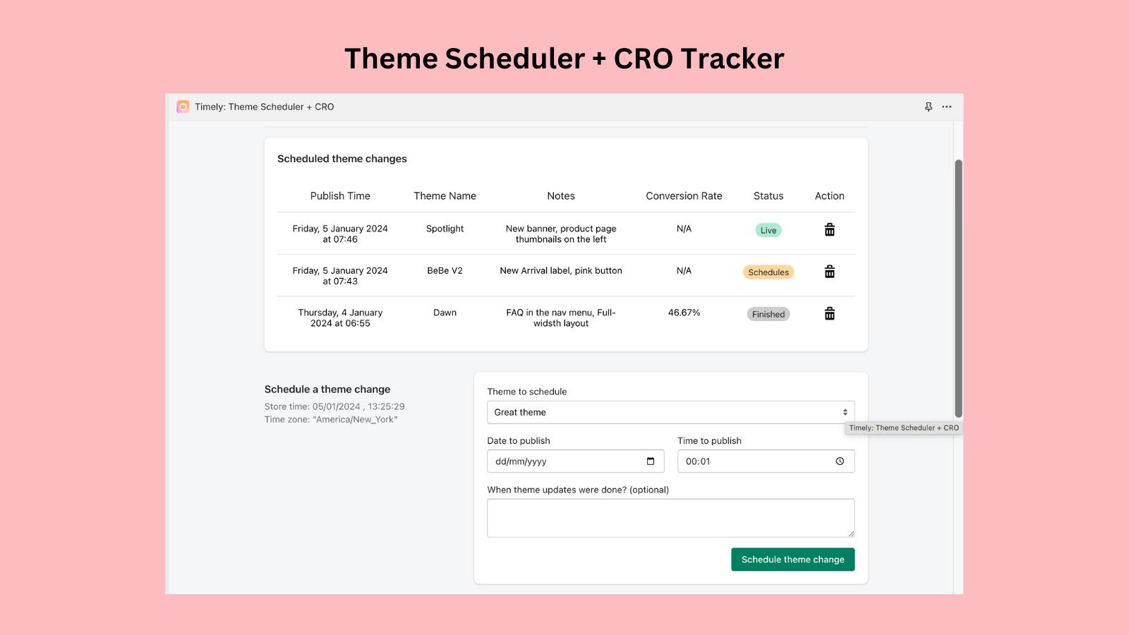 theme scheduler and cro tracker