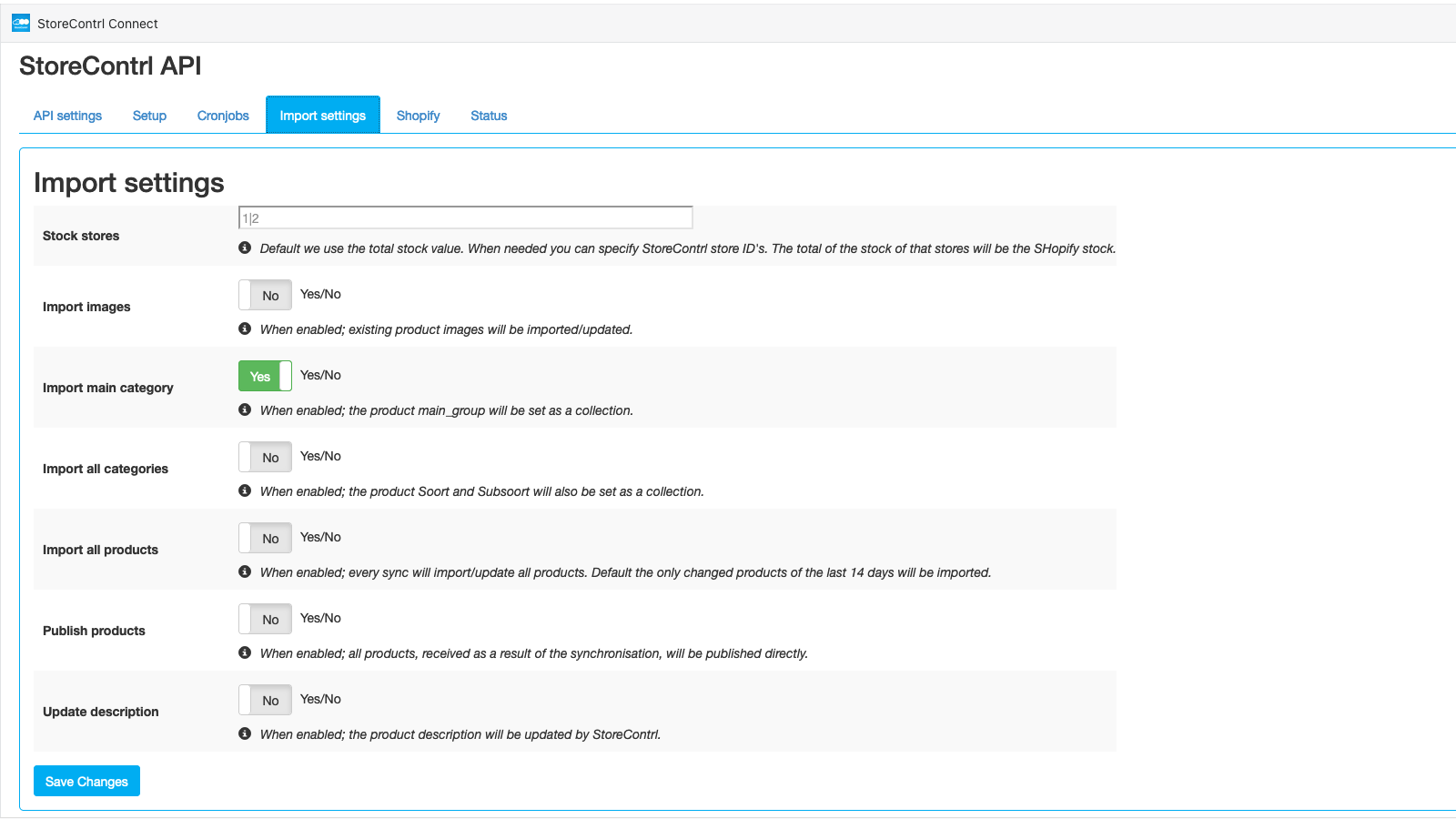 Configuraciones de importación para sincronización de productos