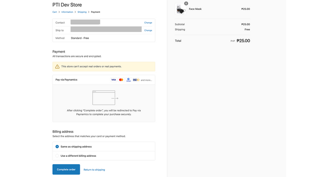 Page de paiement via Paynamics