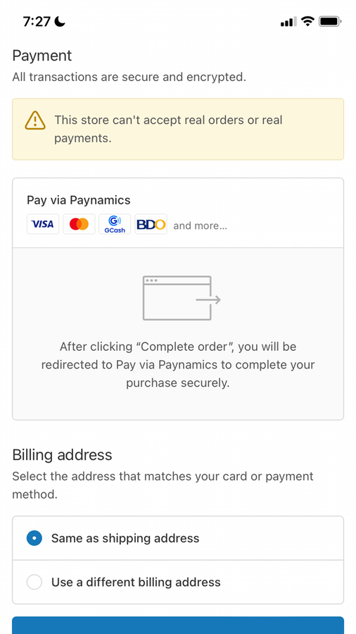 Página de checkout do Pay via Paynamics