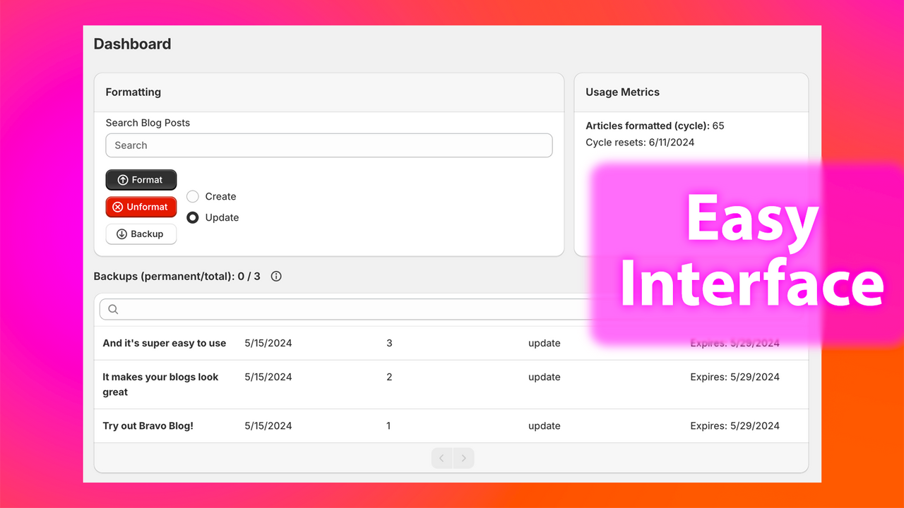 "Easy Interface": Bravo Blog dashboard 