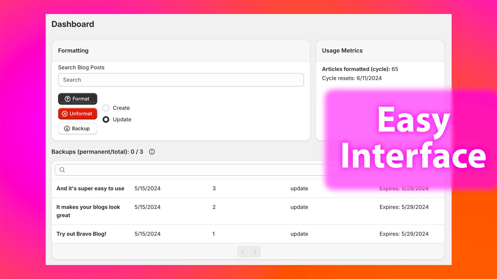 "Easy Interface": Bravo Blog dashboard 