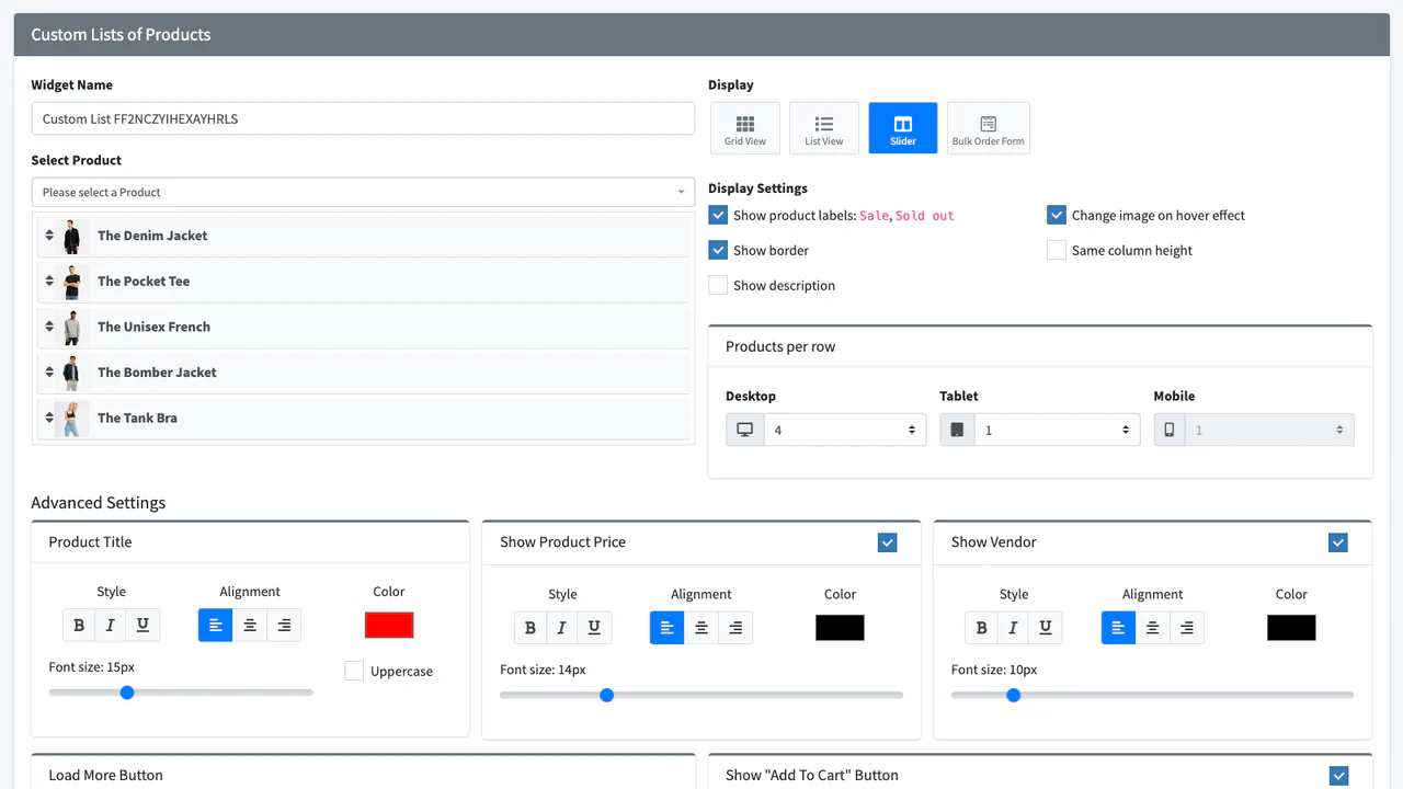 Hura Product Showcase Builder: Custom Products List