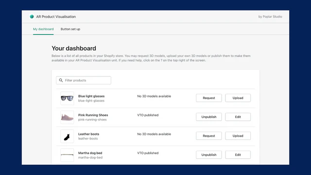 Das Dashboard, auf dem 3D-Modelle angefordert und veröffentlicht werden können