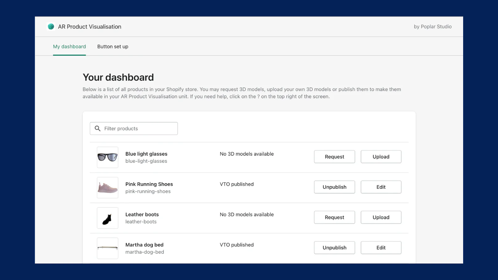 Dashboardet, hvor 3D-modeller kan anmodes om og offentliggøres