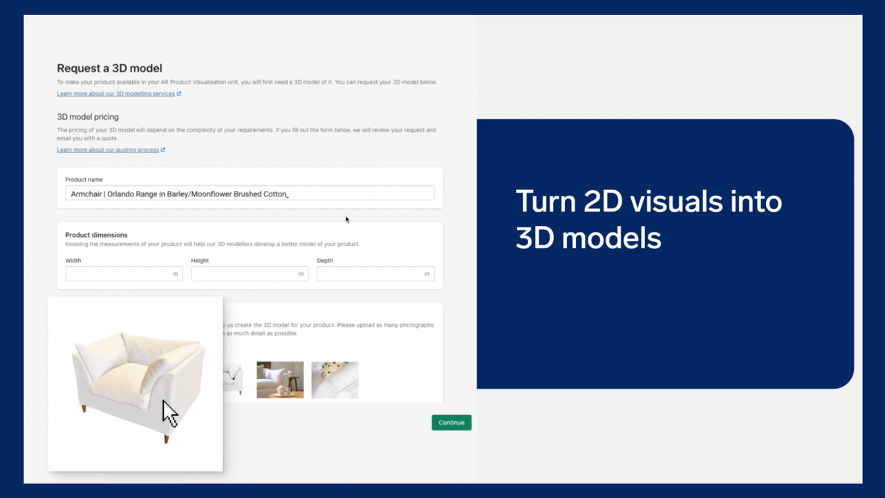 Un formulario que permite a los comerciantes solicitar modelos 3D de productos