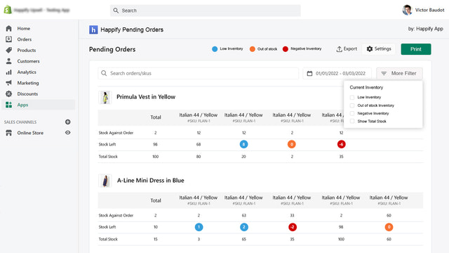 Home page with unfulfilled orders list and variants inventory.