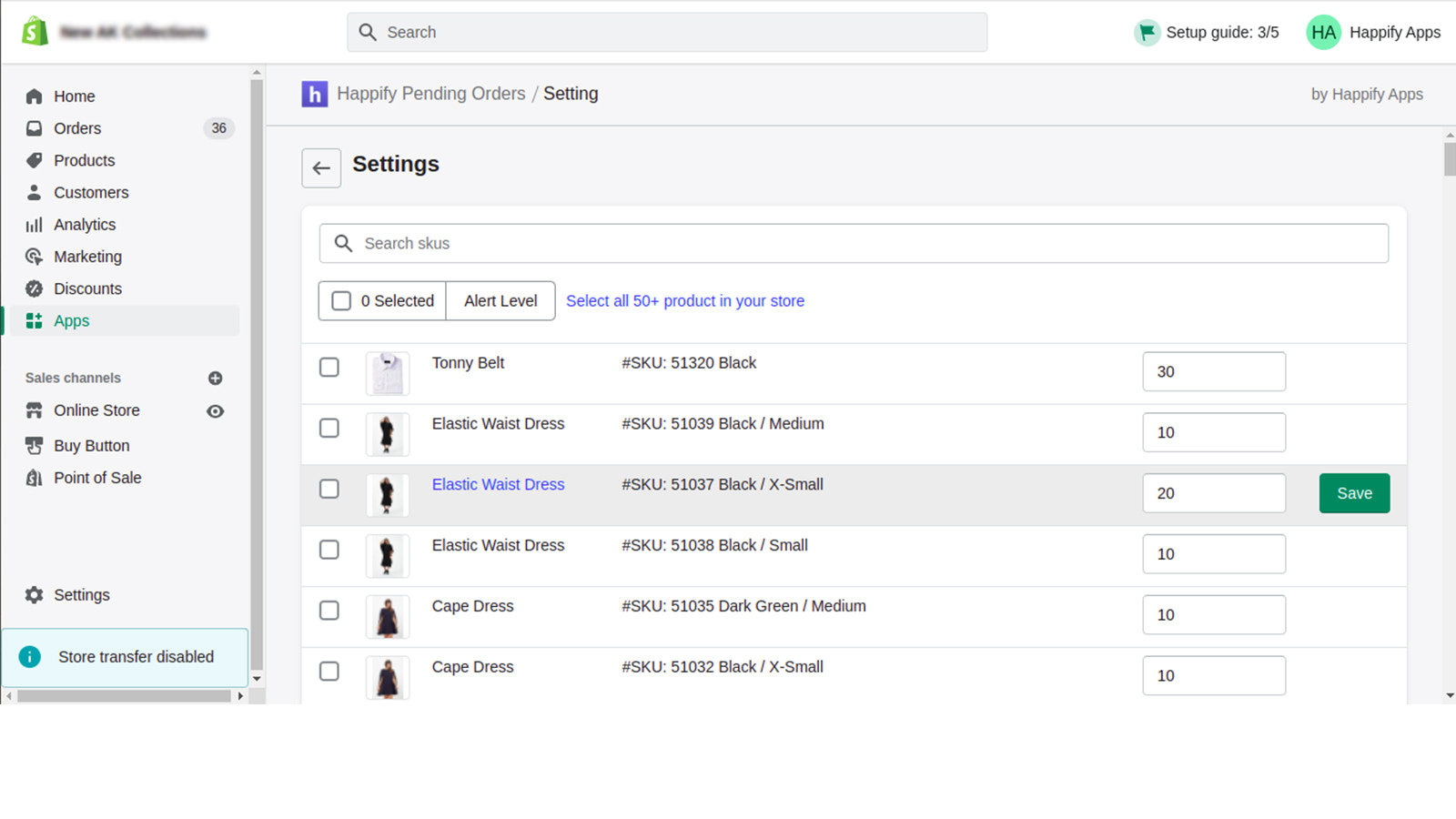 Configuraciones para establecer el valor umbral para cada variante.