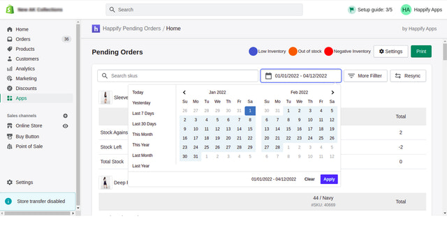 Date filter for filtering the unfulfilled orders.