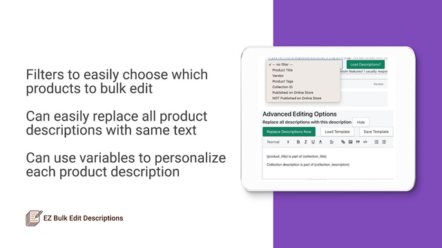 Filtres de modification en masse, remplacer toutes les descriptions, et variables