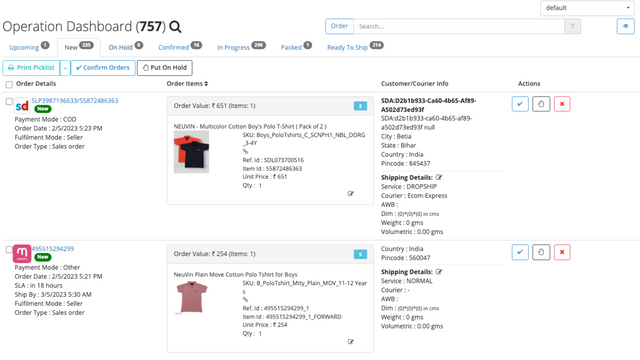 Operations dashboard for order management