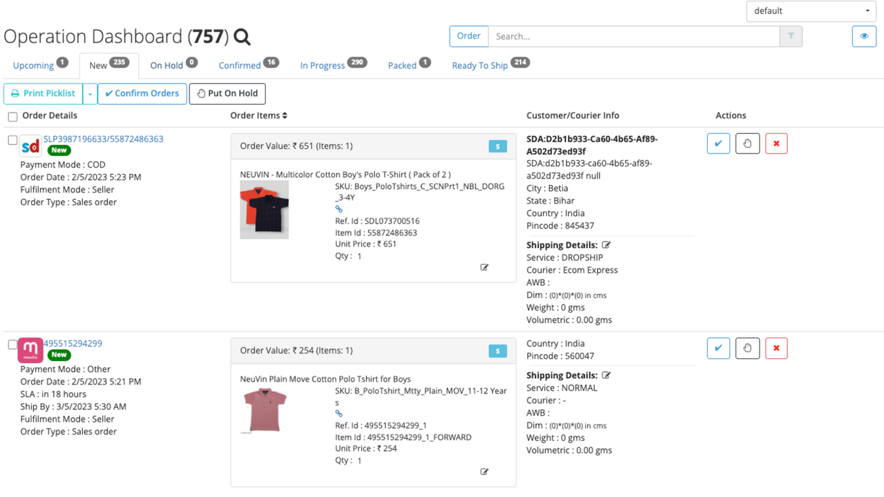 Operations dashboard for order management