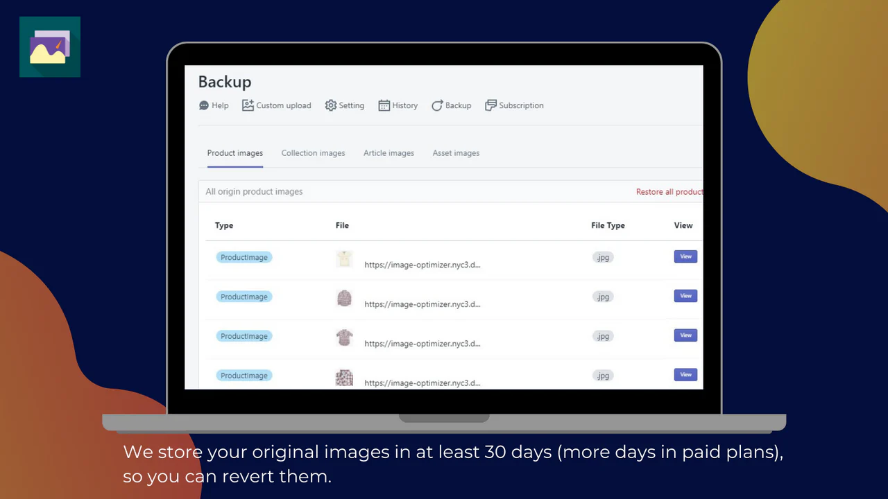 30 dias de backup para restaurar imagens originais