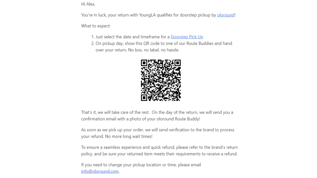 email confirmation of pickup and qr code