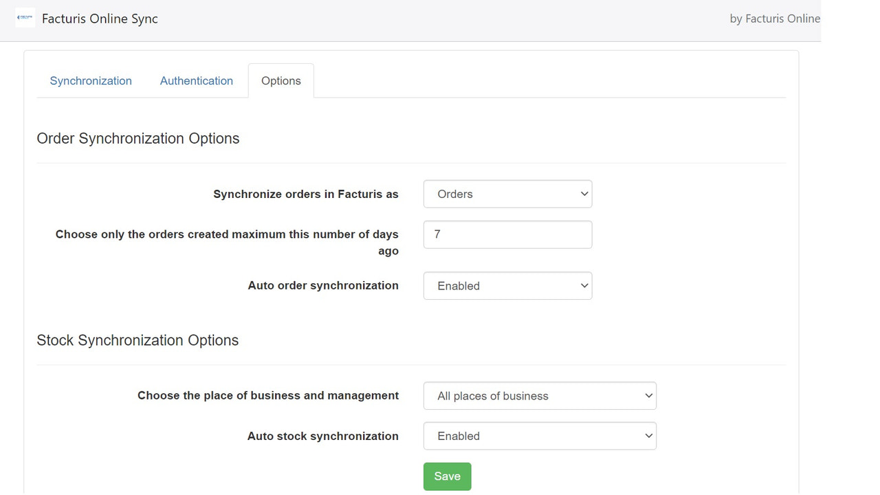 Section des options de synchronisation