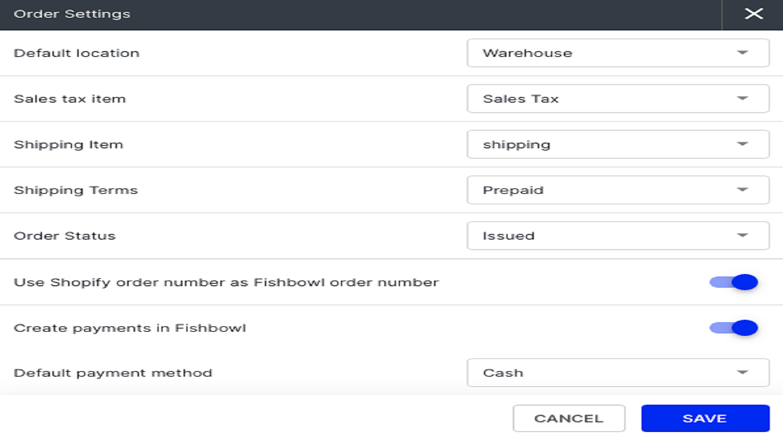 Paramètres de commande Shopify & Fishbowl Online