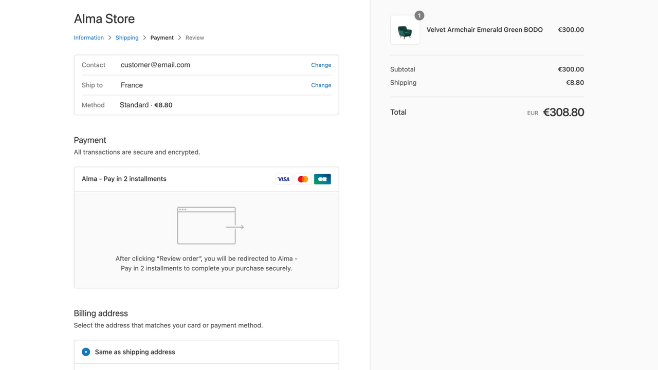 Alma on shopify payment page