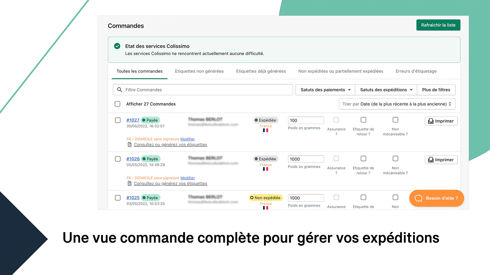 Vue Commandes de Colissimo