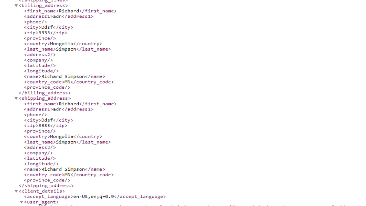 Order shipping and billing address xml