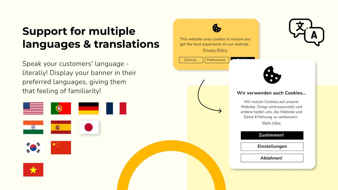 Bannière de cookies RGPD de l'UE en plusieurs langues et traduction