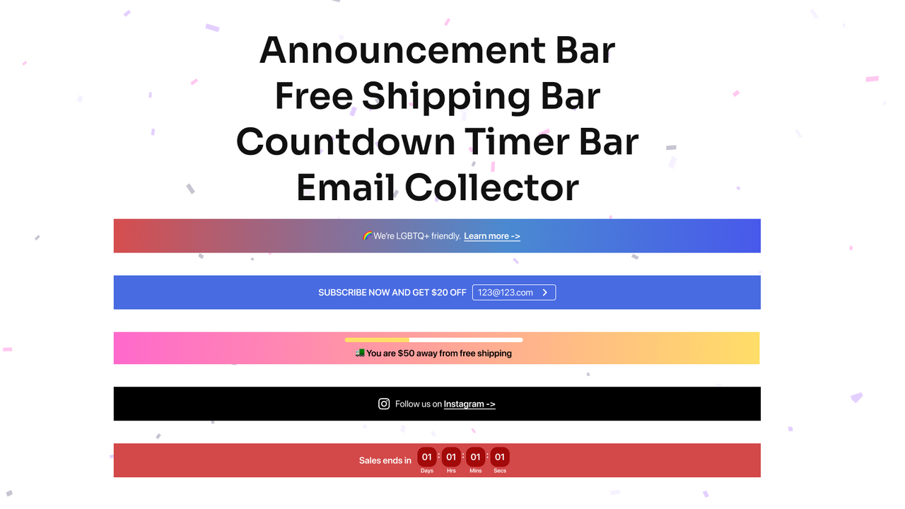 Aplicación Shopify, Cheerlink Announcement Bar, Diseño de Tienda, Banner