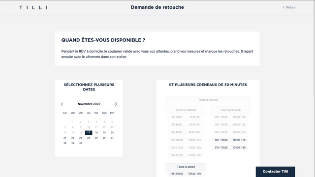 Le client choisit les dates et horaires qui lui conviennent