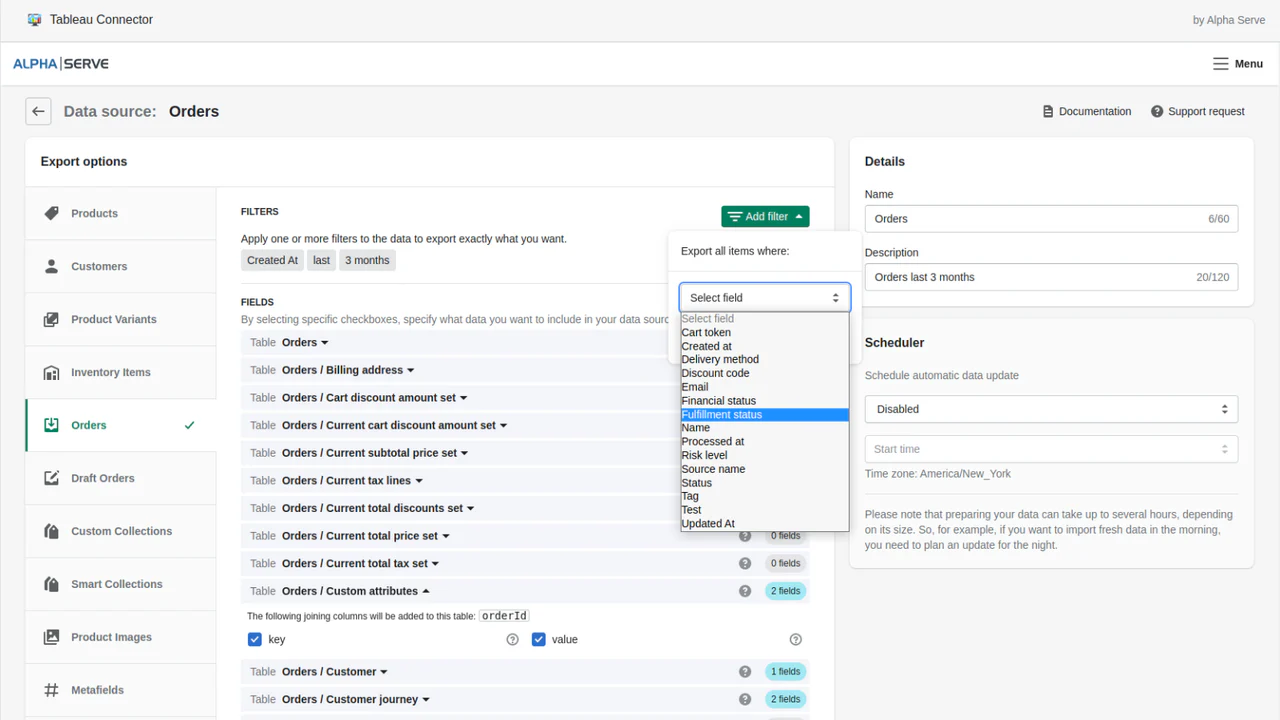 Editar fuente de datos: exportación de filtros de pedidos de shopify a tableau