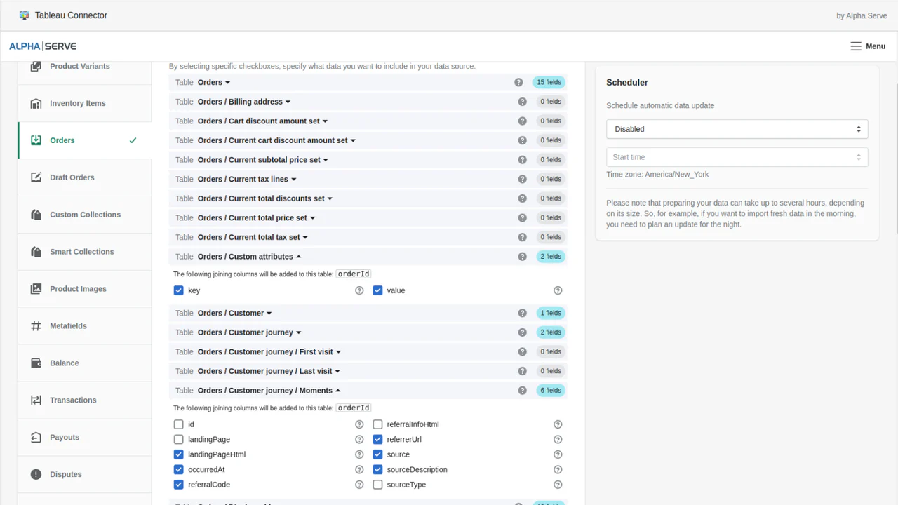 Edit Data Source: shopify orders fields export to tableau