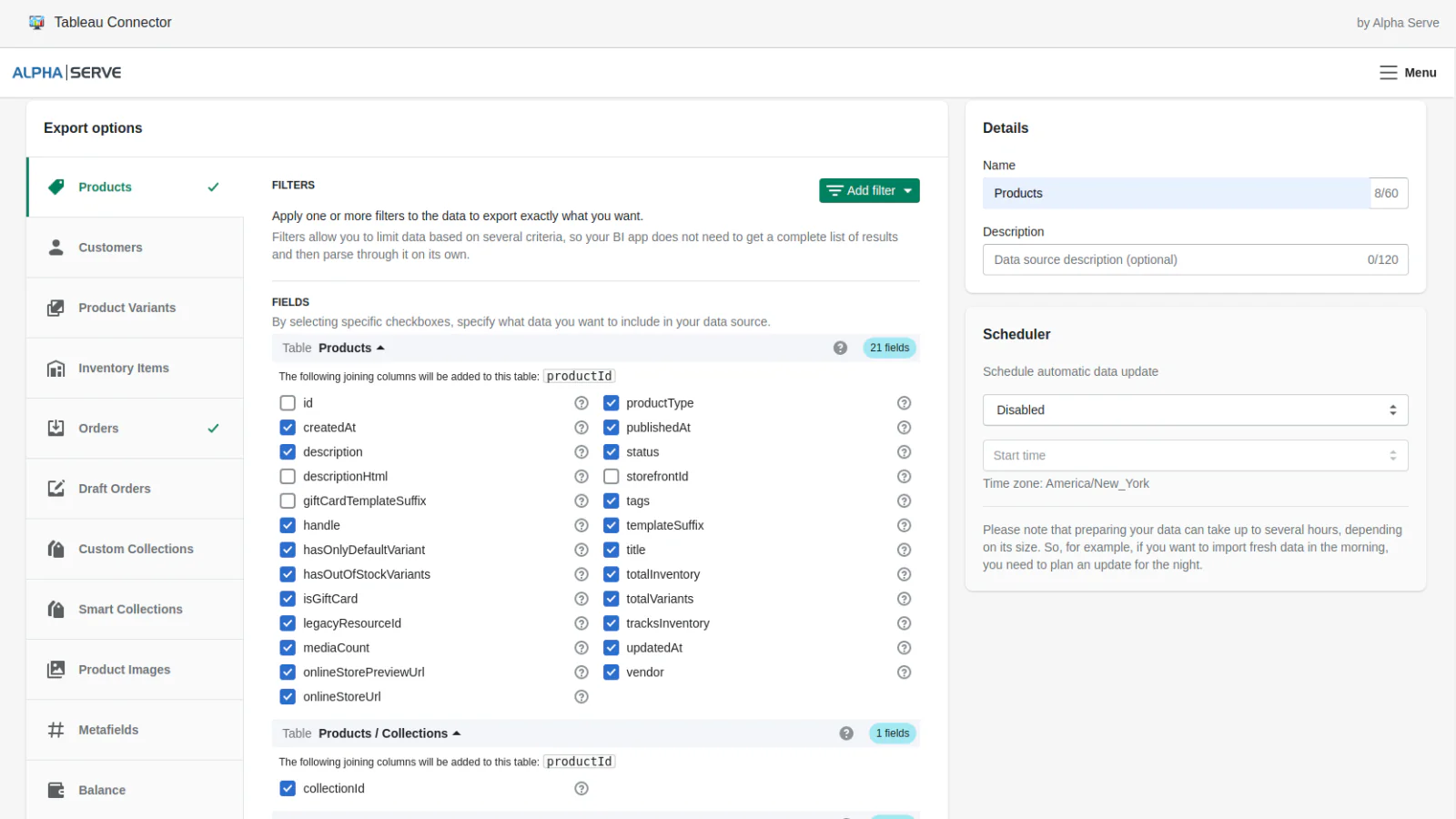 Edit Data Source: shopify products fields export to tableau