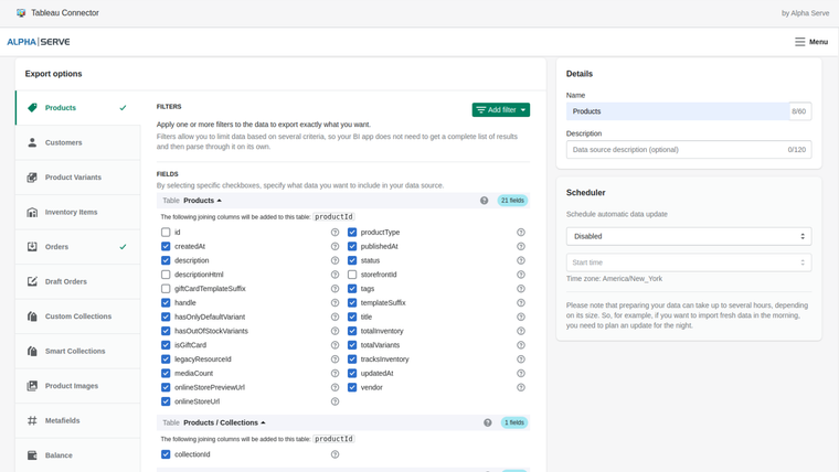 Alpha Serve Tableau Connector Screenshot