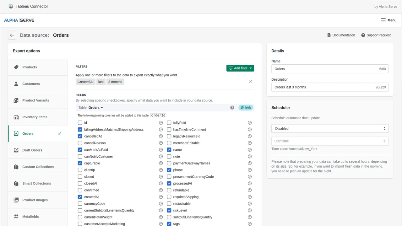 Editar fuente de datos: seleccionar datos para exportar de shopify a tableau