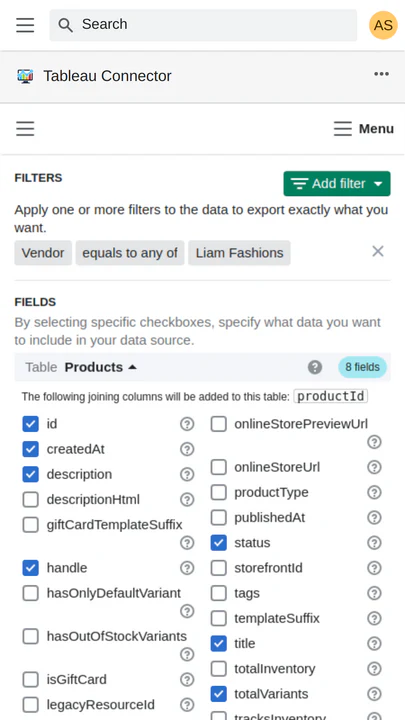 Edit Data Source: export shopify products to tableau