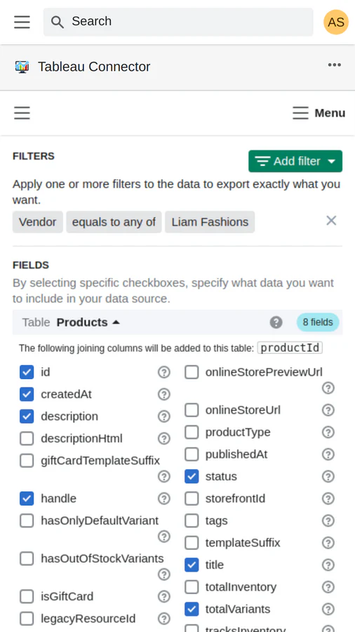 Editar fuente de datos: exportar productos de shopify a tableau