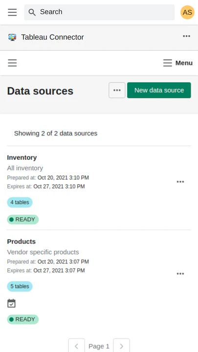 Tela Principal: fontes de dados para integração tableau shopify