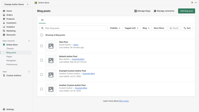 Custom authors show on the Shopify admin panel