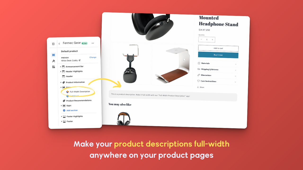 Faça suas descrições de produtos em largura total em qualquer lugar na página.