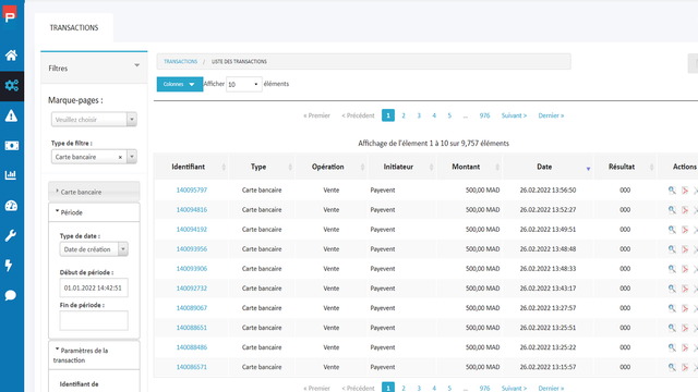 La liste des transactions 