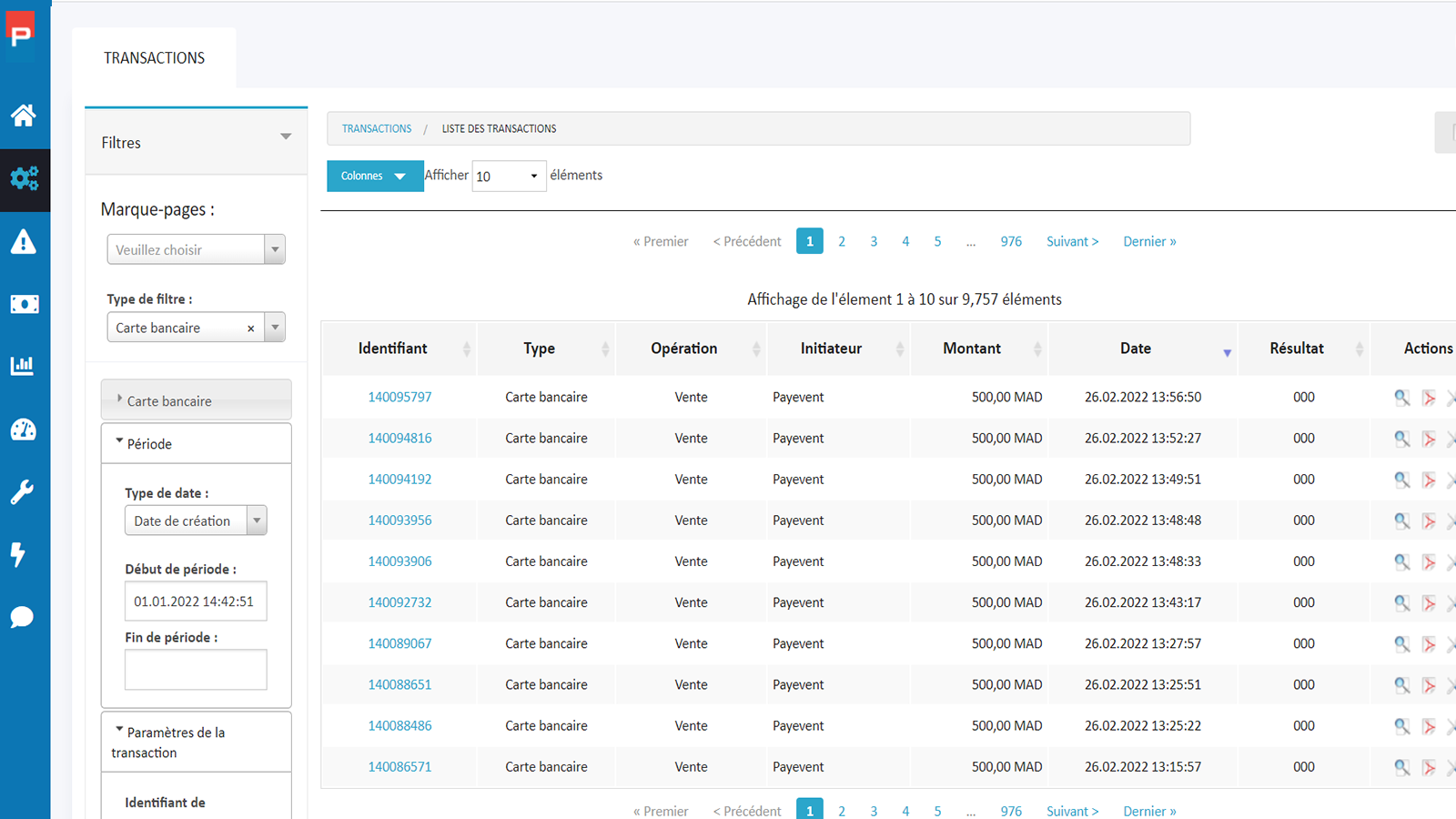 La liste des transactions 