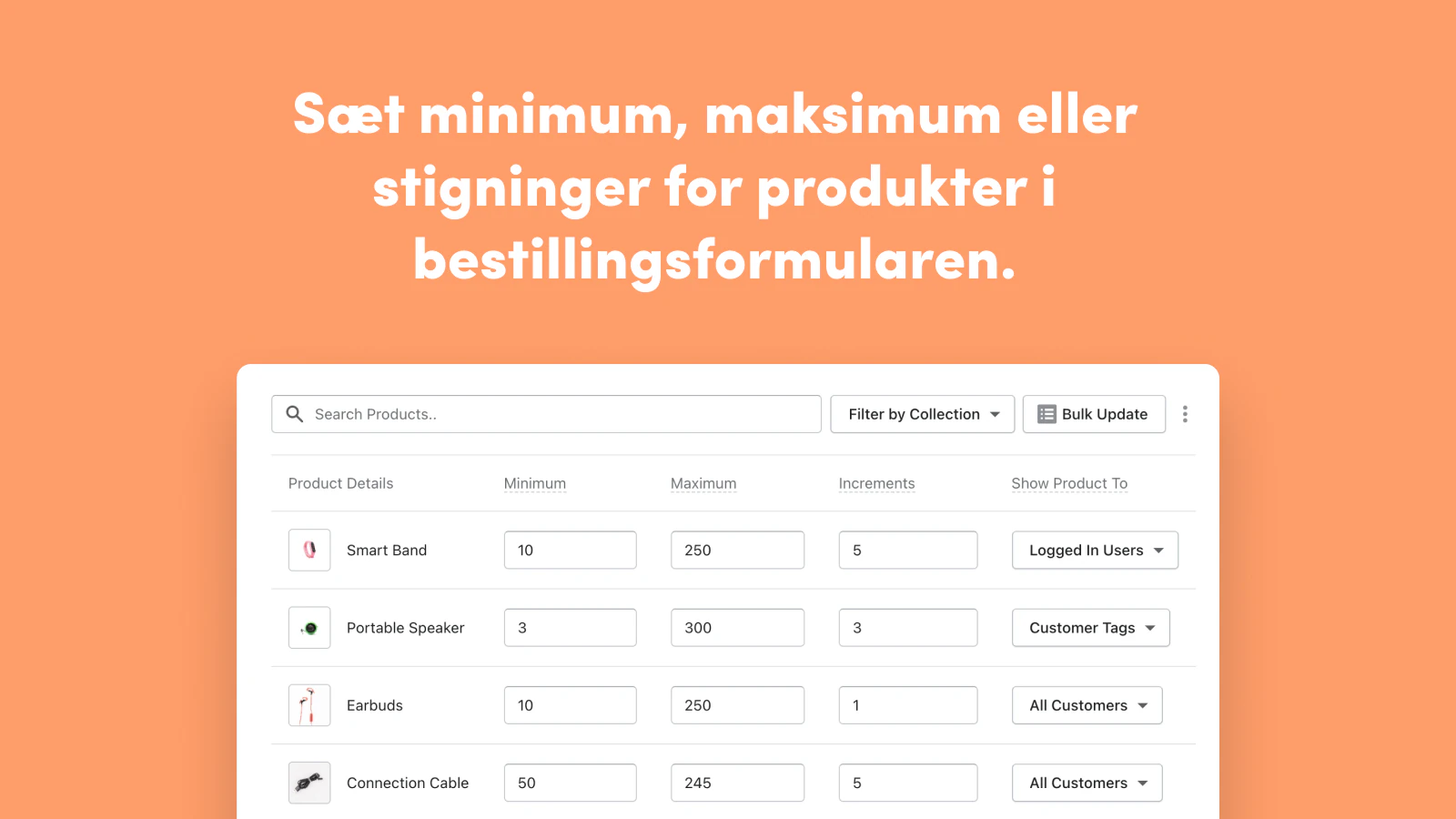 Set min/max, or increments for products in the order form. 