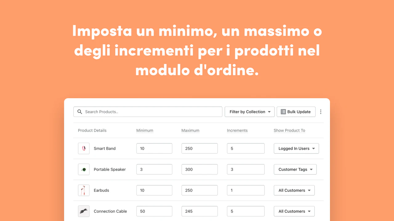 Set min/max, or increments for products in the order form. 