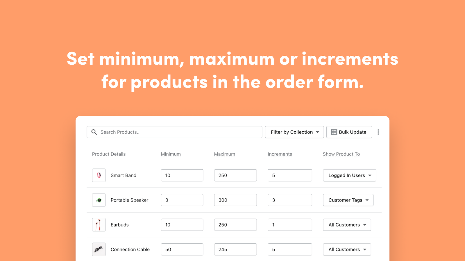 Establece min/max, o incrementos para productos en el formulario de pedido. 