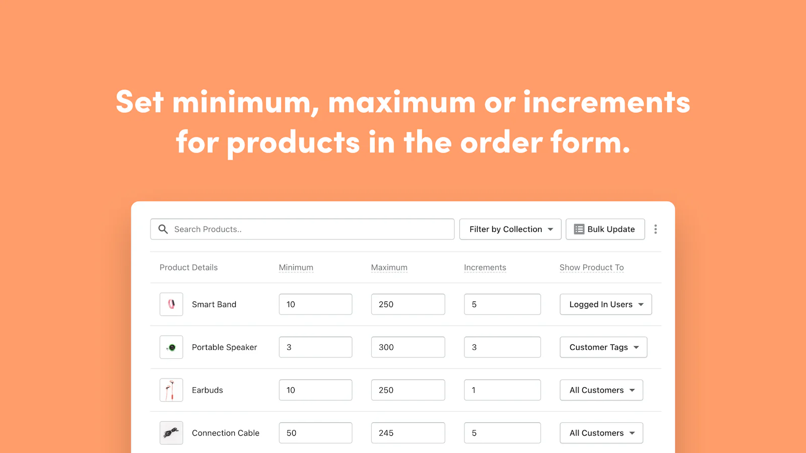 Defina min/max, ou incrementos para produtos no formulário de pedido. 