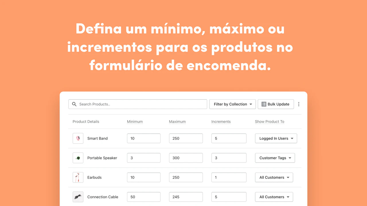 Set min/max, or increments for products in the order form. 